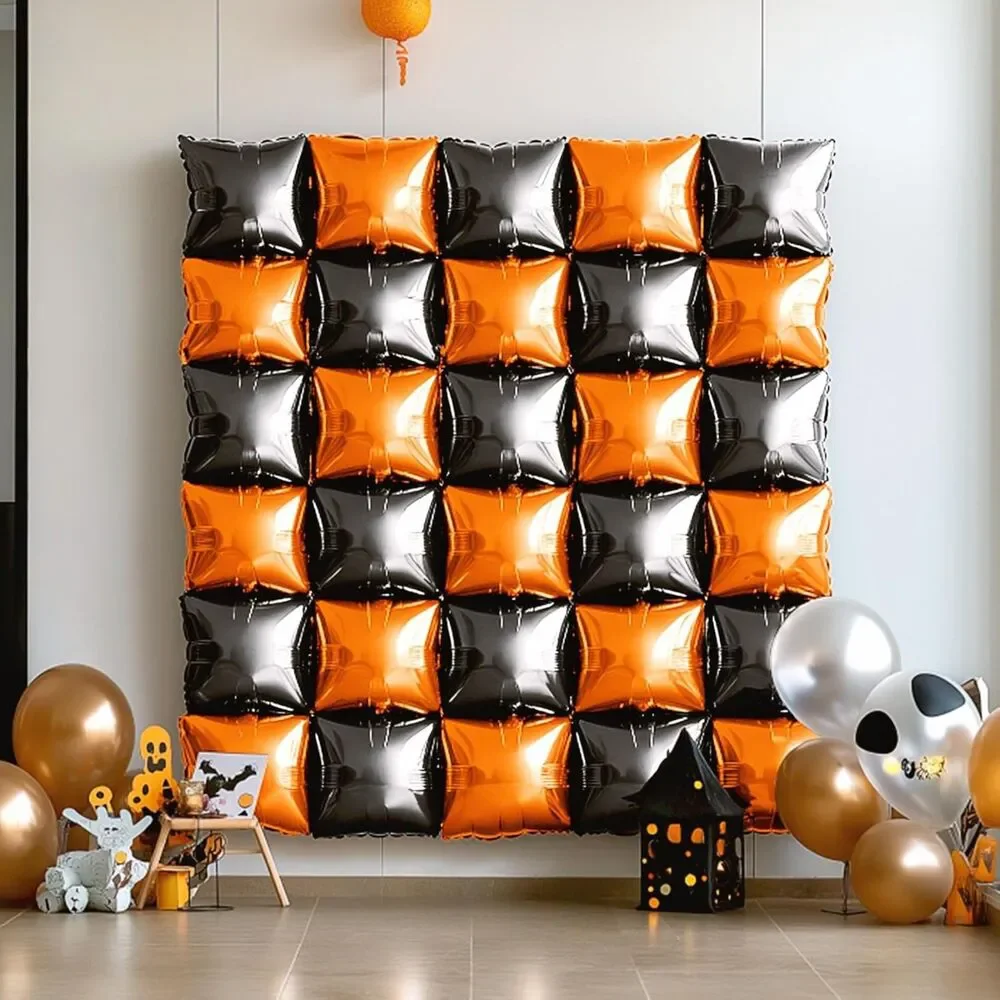25PCS Halloween Black Orange Square Foil Balloons Wall Backdrop Double Sided